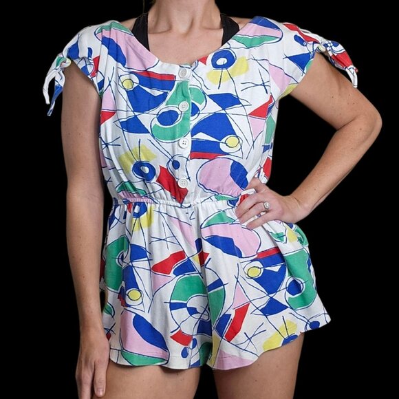 VTG 80s 90s Abstract Knit Romper Multi-color Coverup Super Short Sz S/M Pockets - Picture 1 of 10